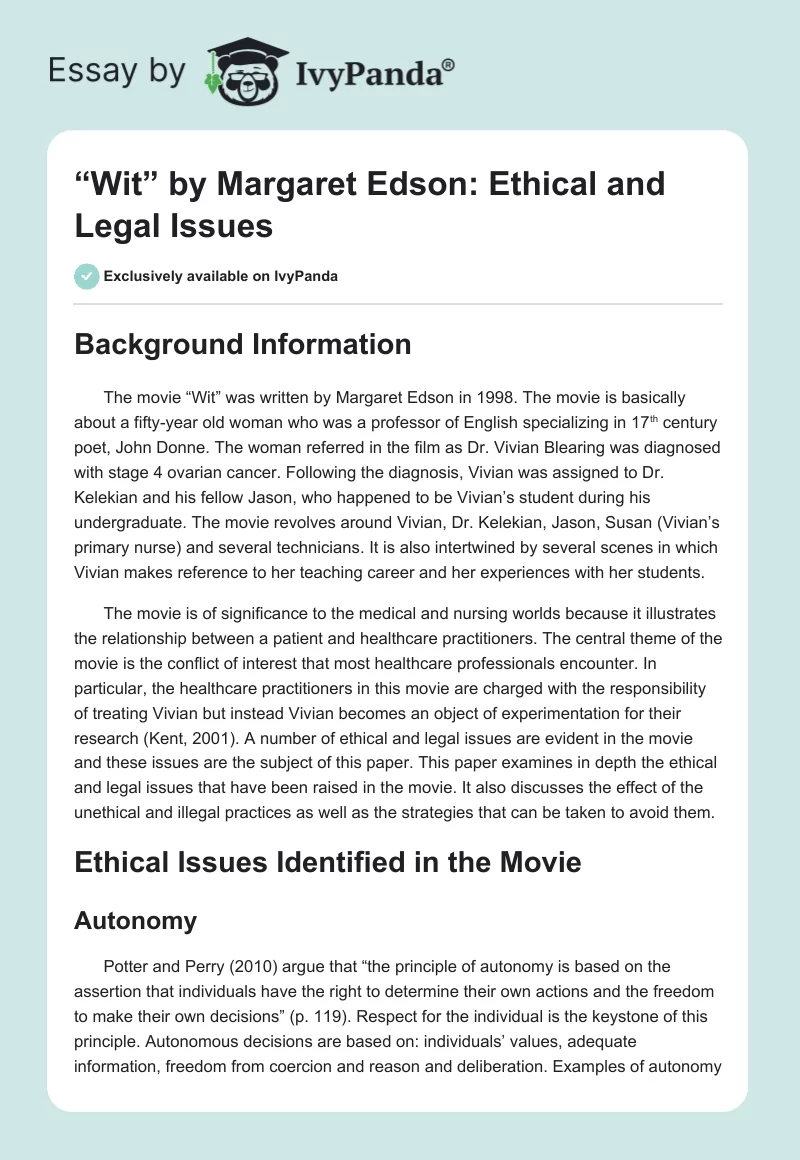 “Wit” by Margaret Edson: Ethical and Legal Issues. Page 1