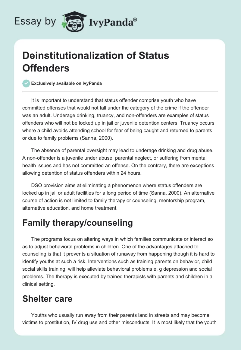Deinstitutionalization of Status Offenders. Page 1