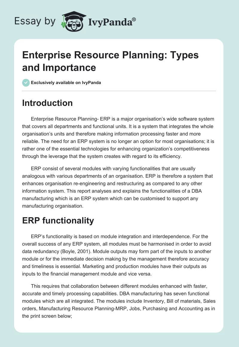 Enterprise Resource Planning: Types and Importance. Page 1