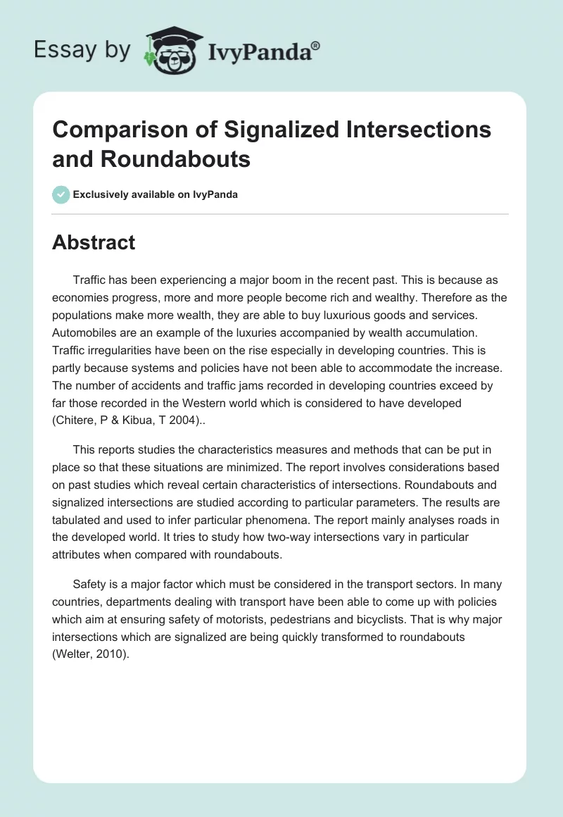 Comparison of Signalized Intersections and Roundabouts. Page 1