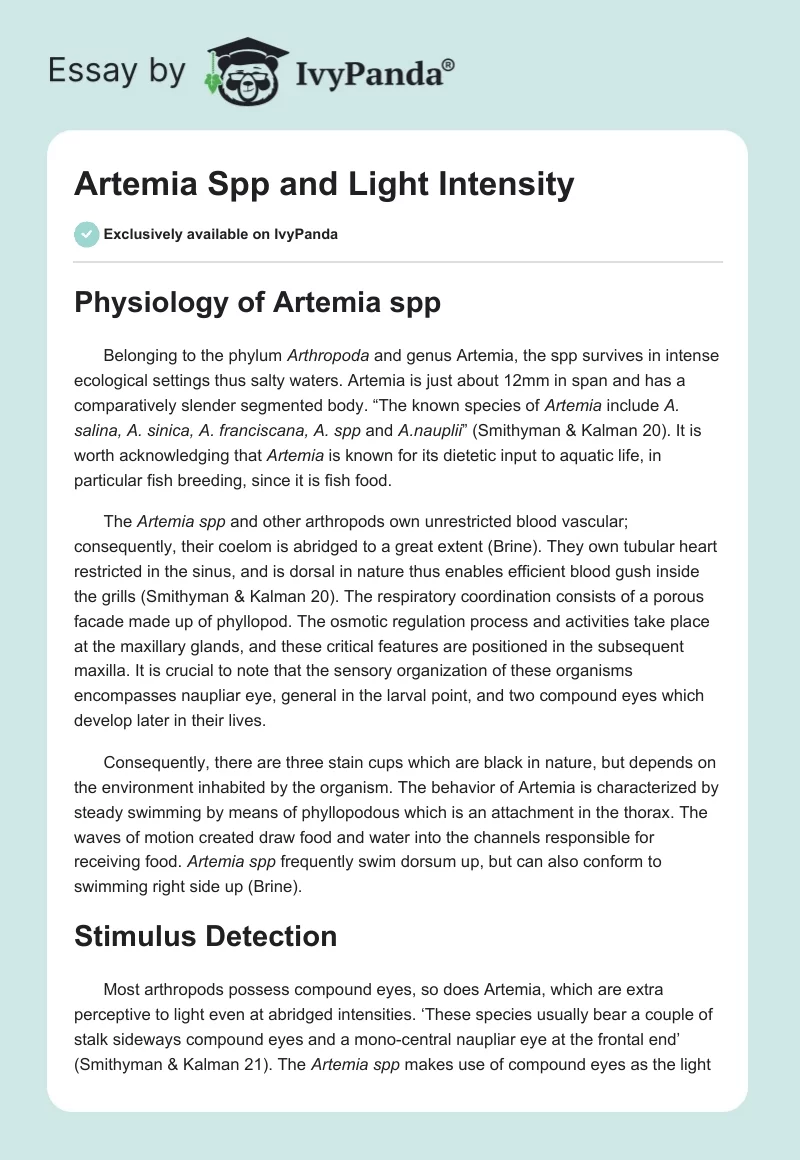 Artemia Spp and Light Intensity. Page 1