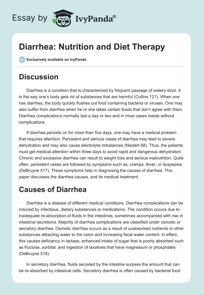 Diarrhea: Nutrition and Diet Therapy. Page 1