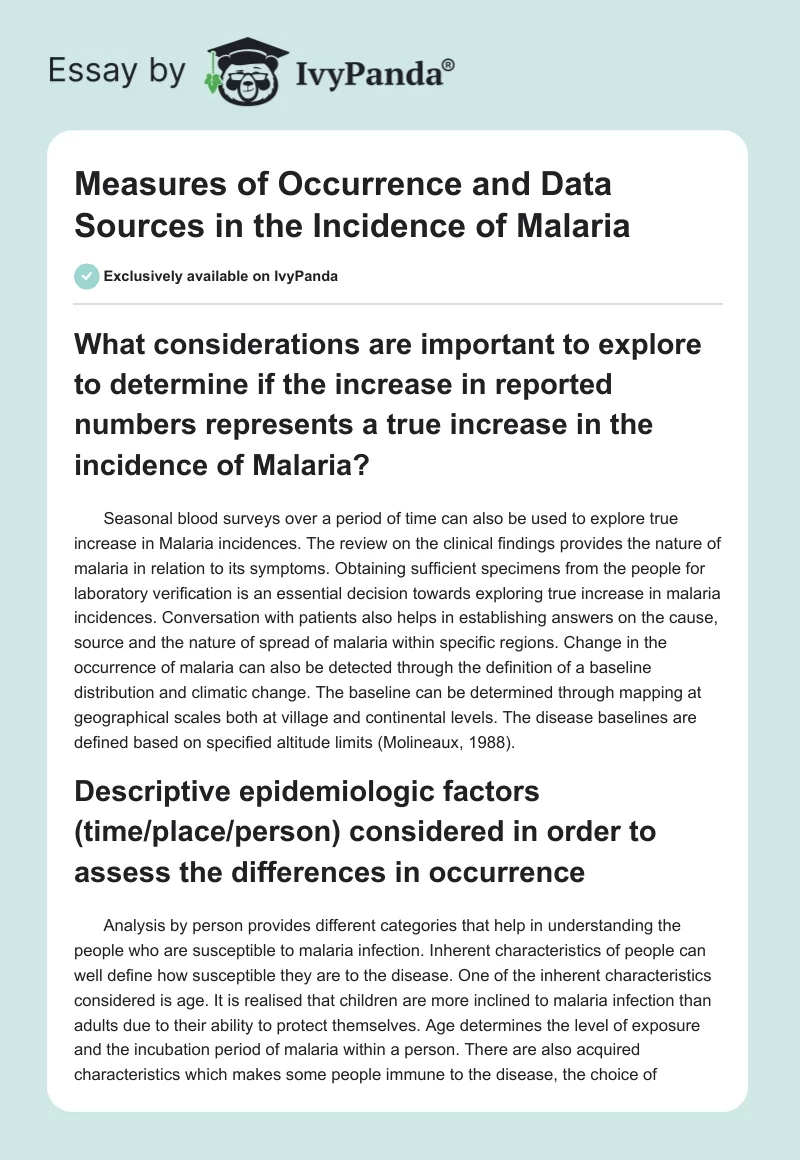 Measures of Occurrence and Data Sources in the Incidence of Malaria. Page 1