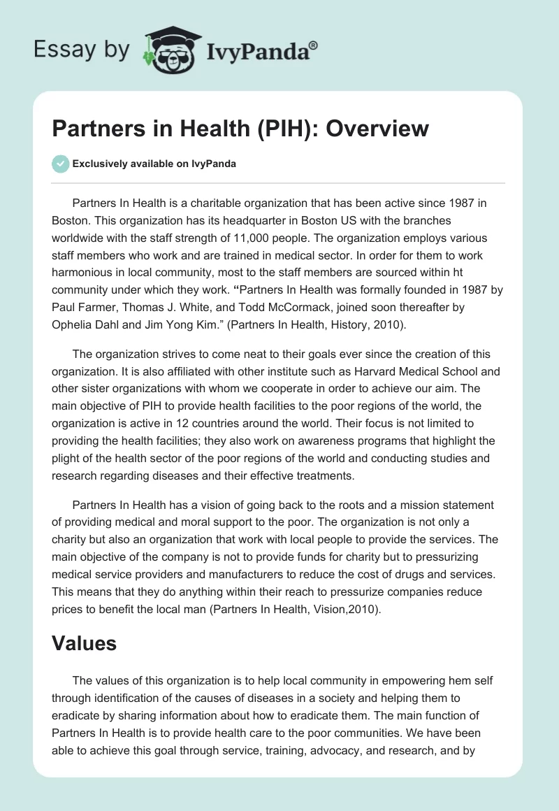 Partners in Health (PIH): Overview. Page 1