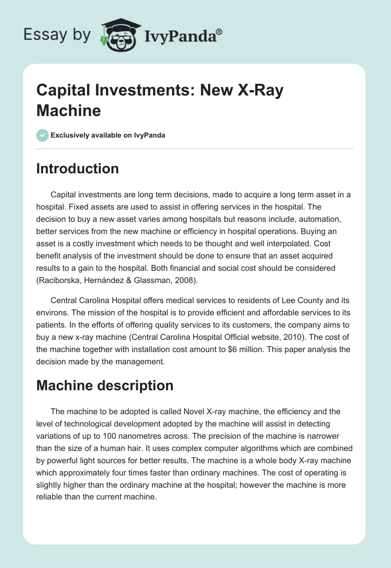 Capital Investments: New X-Ray Machine. Page 1