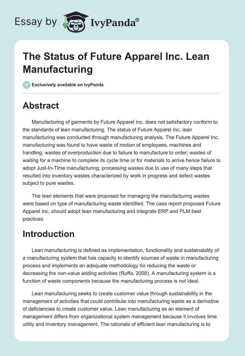 The Status of Future Apparel Inc. Lean Manufacturing. Page 1