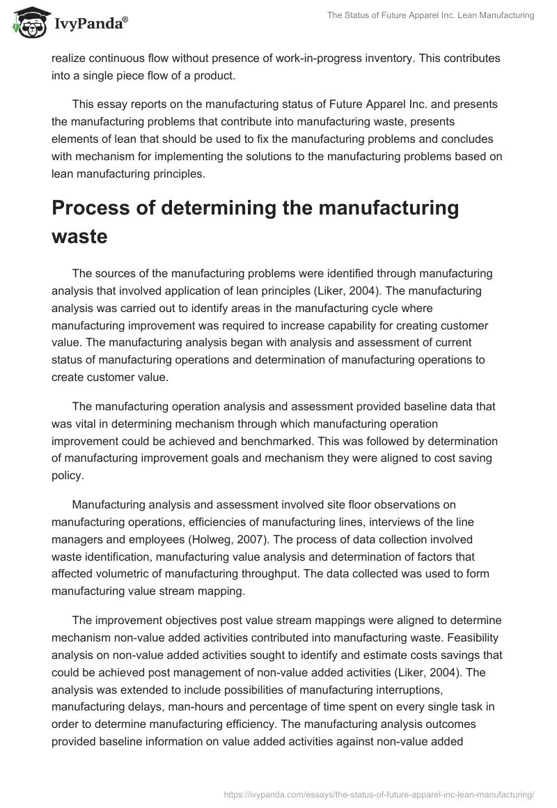 The Status of Future Apparel Inc. Lean Manufacturing. Page 2