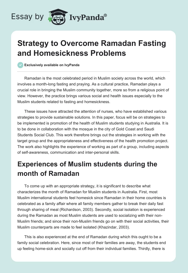 Strategy to Overcome Ramadan Fasting and Homesickness Problems. Page 1