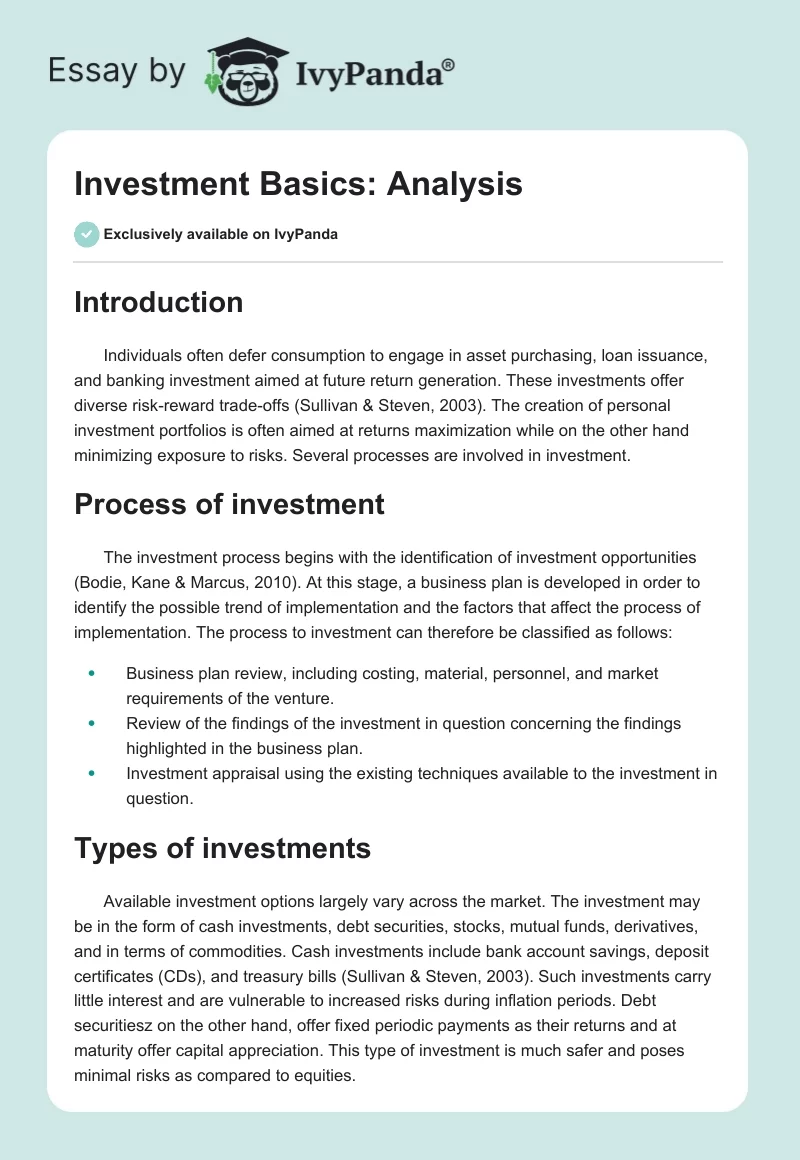 Investment Basics: Analysis. Page 1