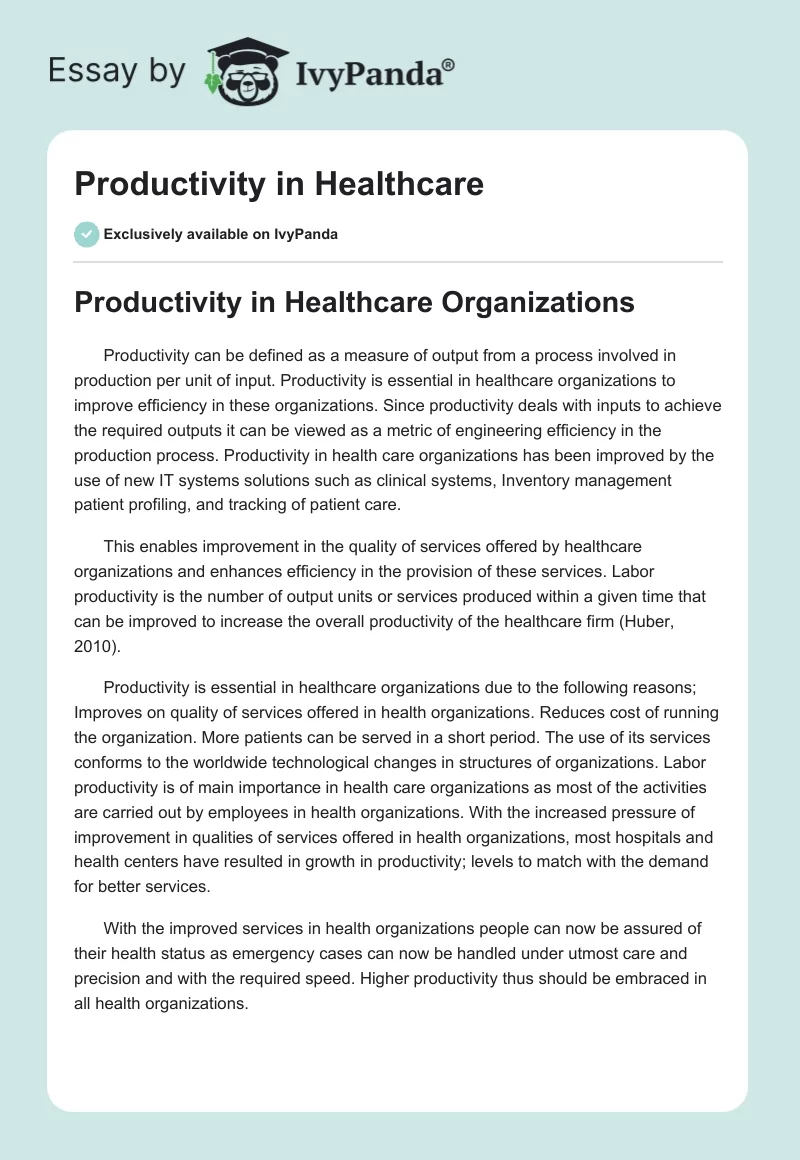 Productivity in Healthcare. Page 1