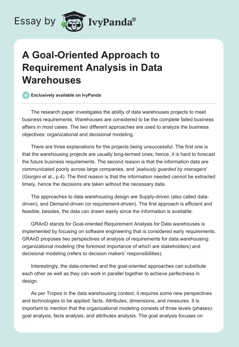 A Goal-Oriented Approach to Requirement Analysis in Data Warehouses. Page 1