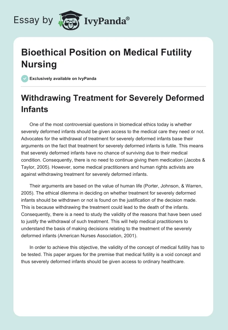 Bioethical Position on Medical Futility Nursing. Page 1