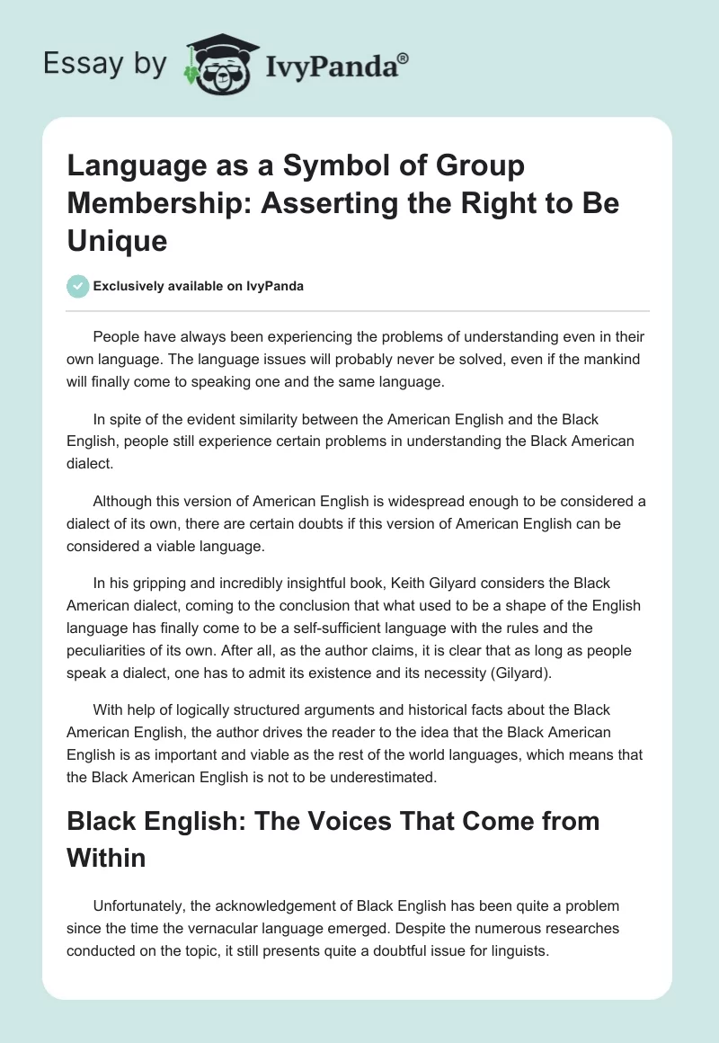 Language as a Symbol of Group Membership: Asserting the Right to Be Unique. Page 1