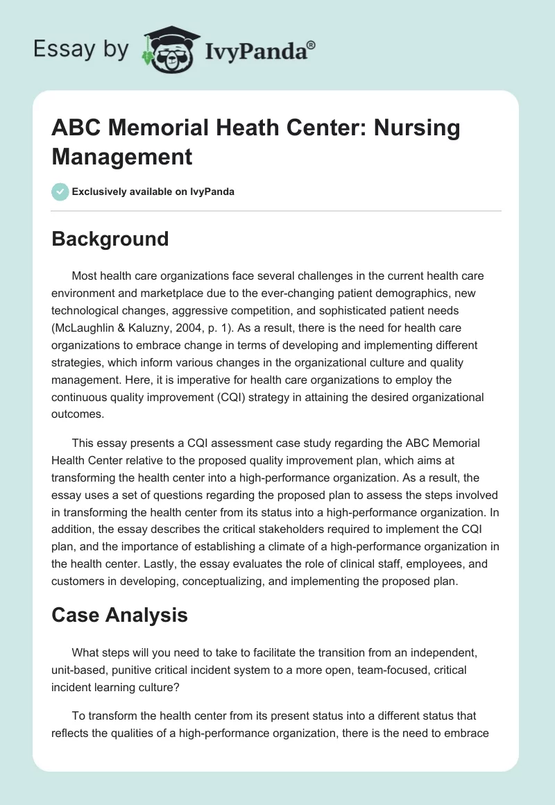 ABC Memorial Heath Center: Nursing Management. Page 1