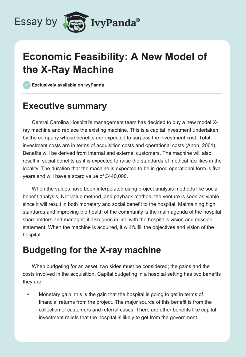 Economic Feasibility: A New Model of the X-Ray Machine. Page 1