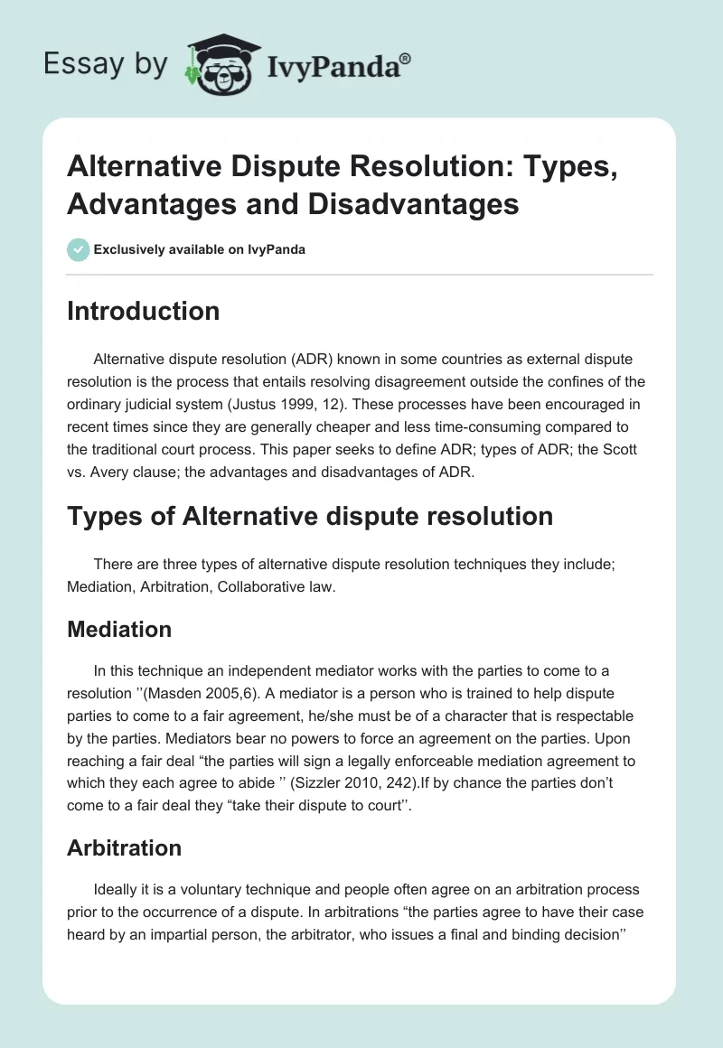 Alternative Dispute Resolution: Types, Advantages and Disadvantages. Page 1