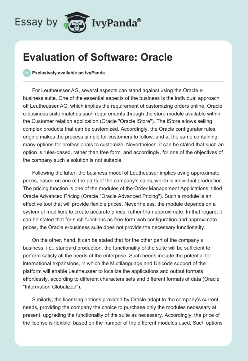 Evaluation of Software: Oracle. Page 1