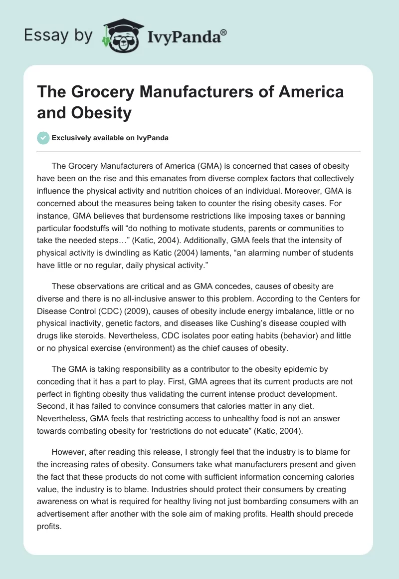 The Grocery Manufacturers of America and Obesity. Page 1