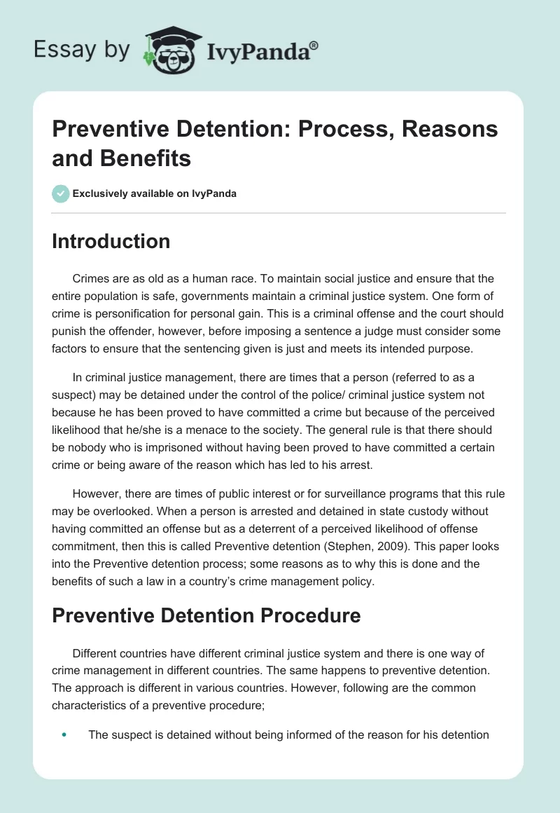 Preventive Detention: Process, Reasons and Benefits. Page 1