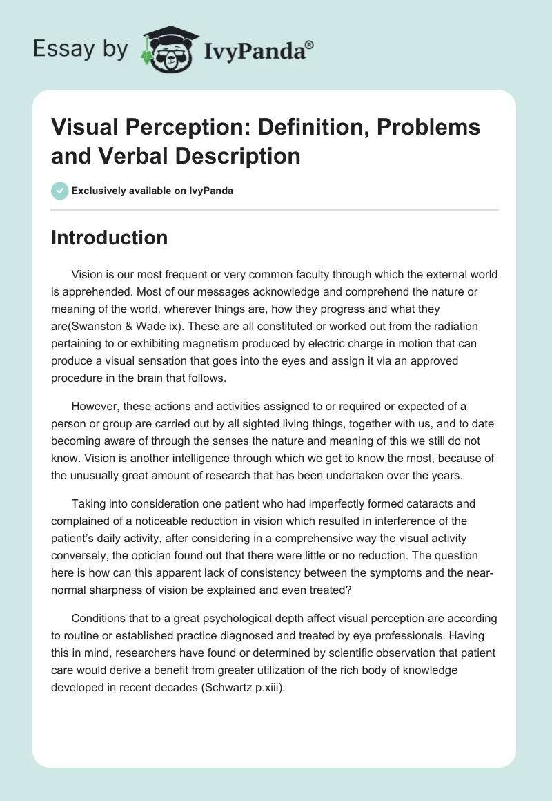Visual Perception: Definition, Problems and Verbal Description. Page 1