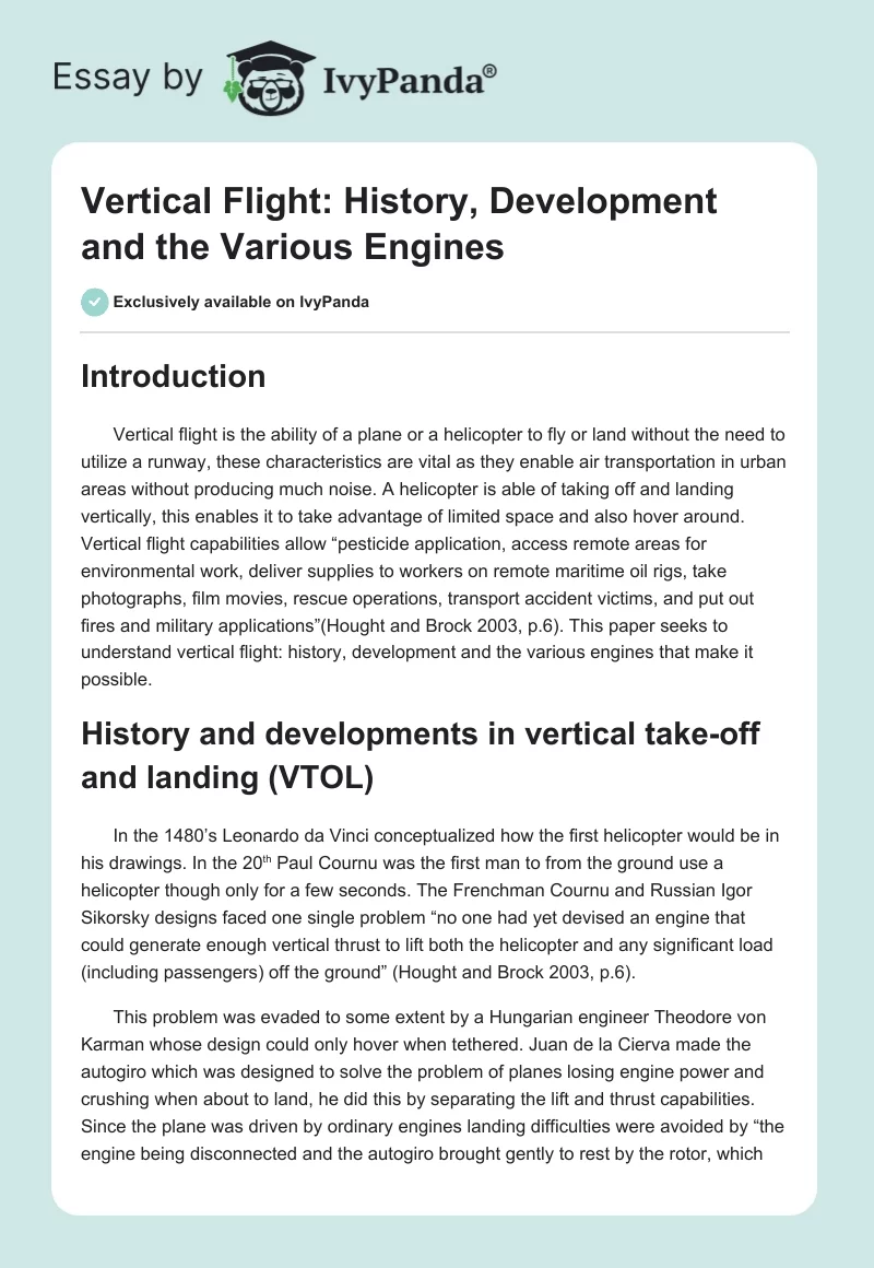 Vertical Flight: History, Development and the Various Engines. Page 1