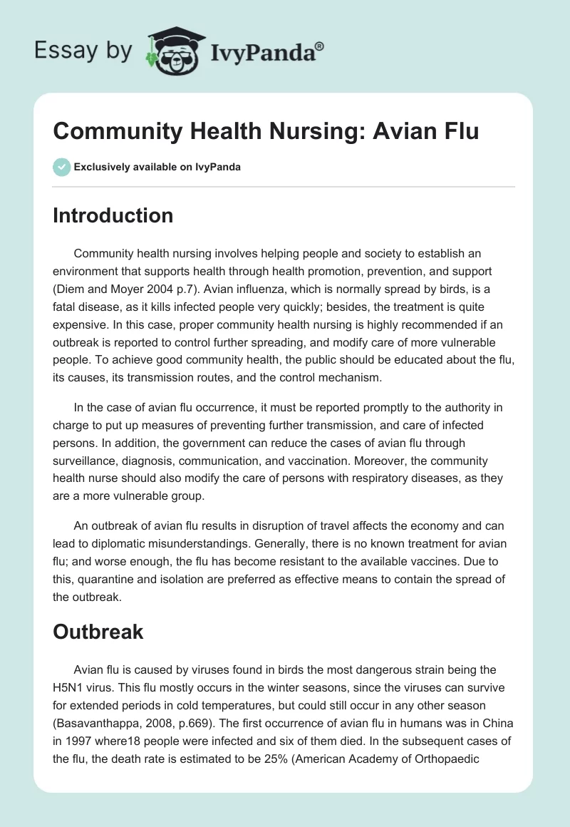 Community Health Nursing: Avian Flu. Page 1