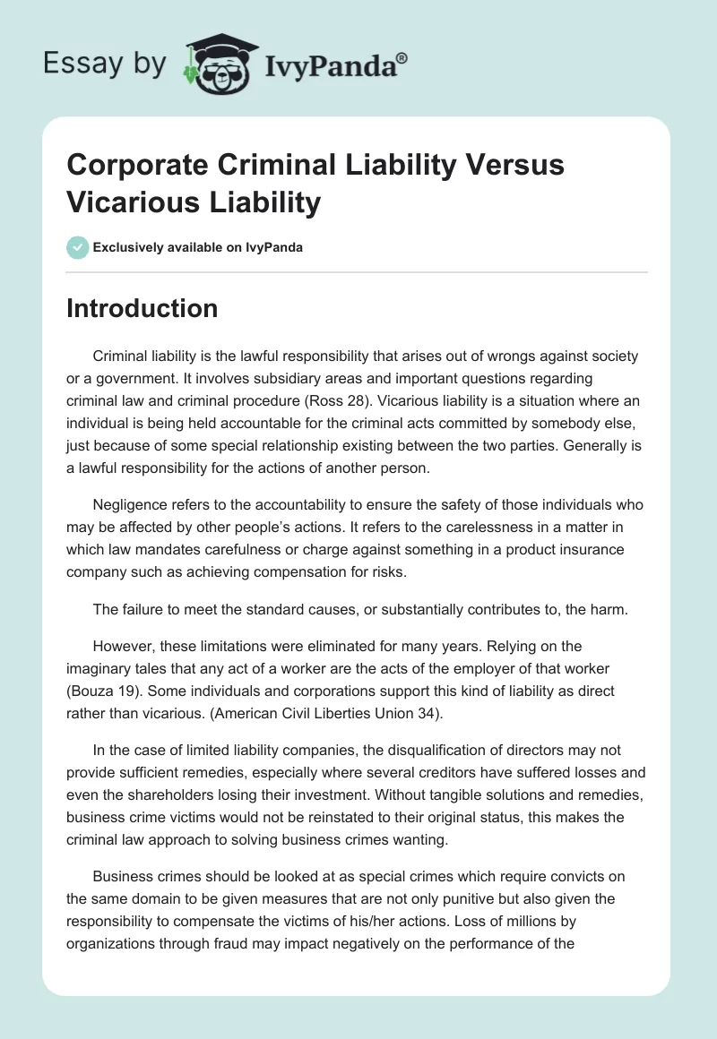 Corporate Criminal Liability Versus Vicarious Liability. Page 1