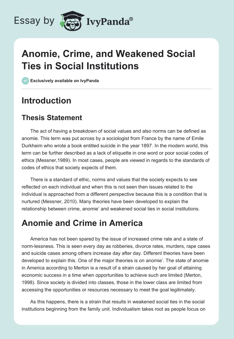 Anomie, Crime, and Weakened Social Ties in Social Institutions. Page 1