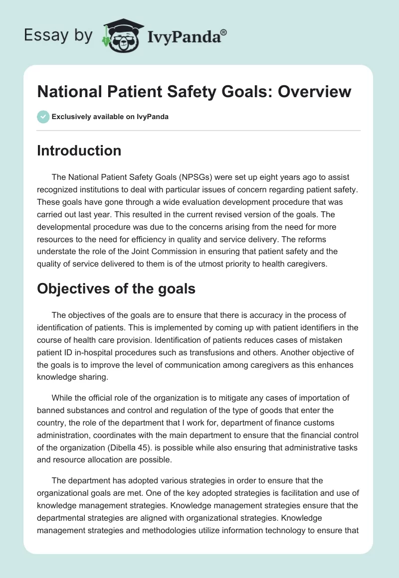 National Patient Safety Goals: Overview. Page 1