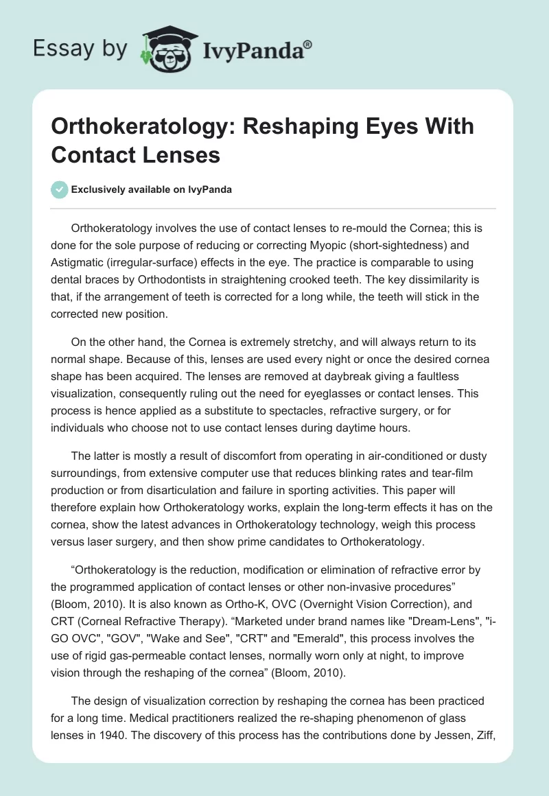 Orthokeratology: Reshaping Eyes With Contact Lenses. Page 1