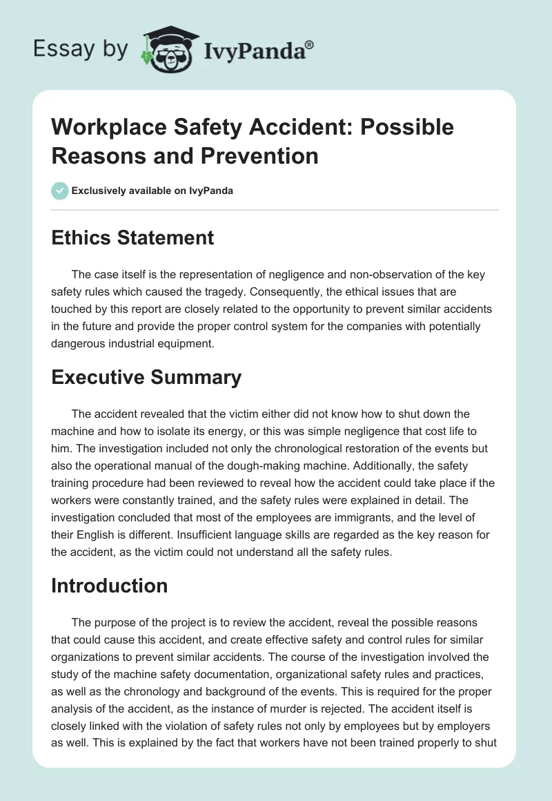 Workplace Safety Accident: Possible Reasons and Prevention. Page 1