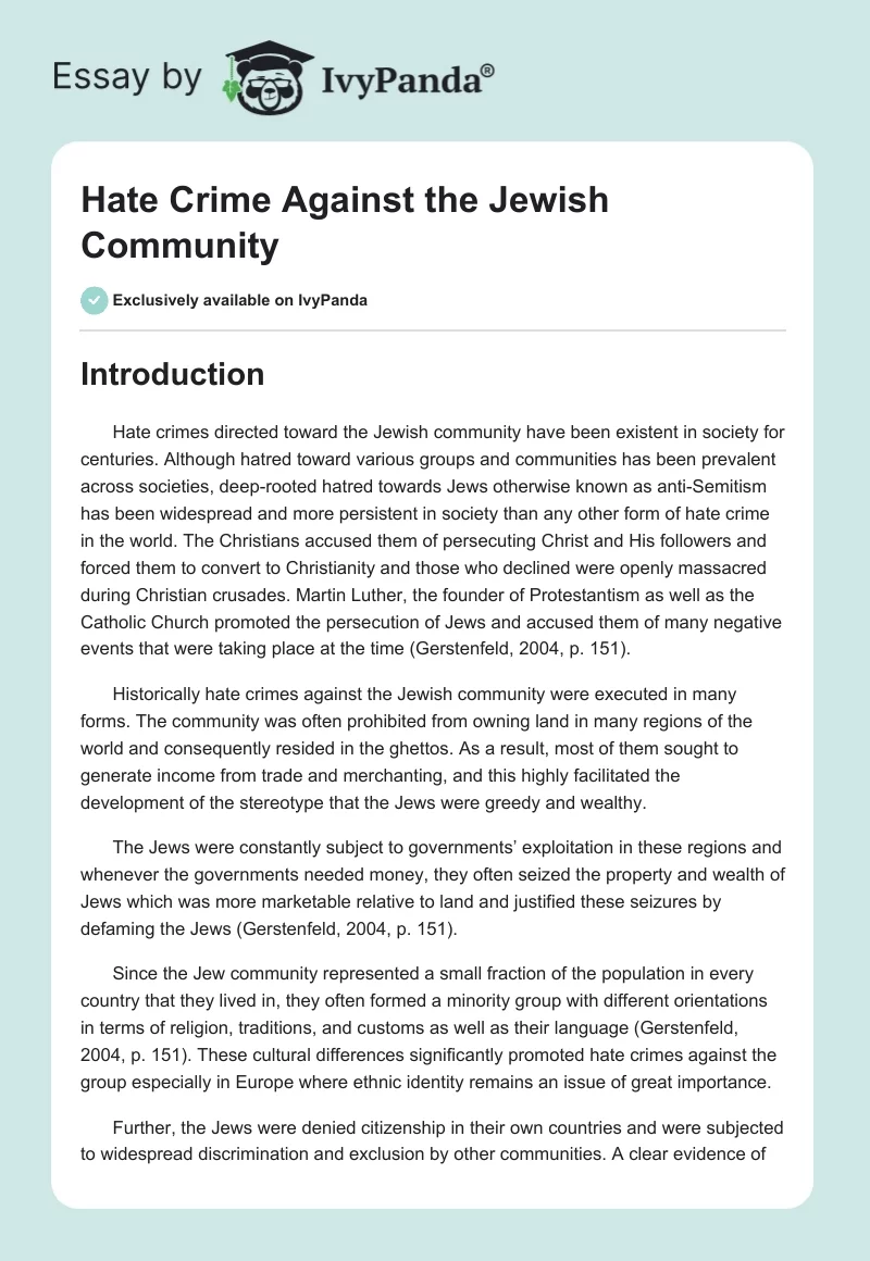 Hate Crime Against the Jewish Community. Page 1
