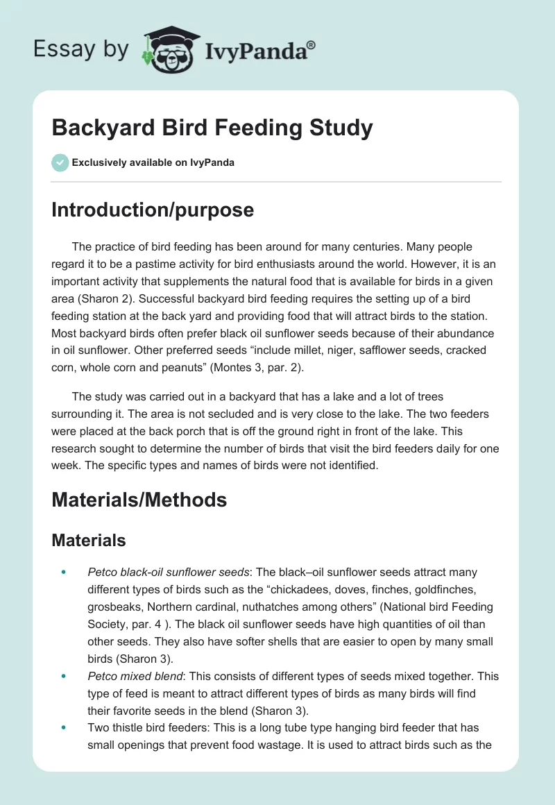Backyard Bird Feeding Study. Page 1