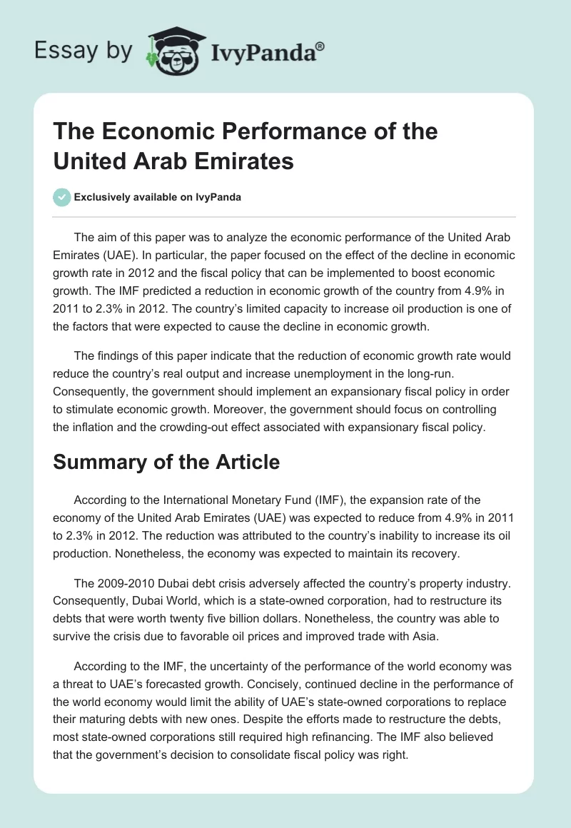 The Economic Performance of the United Arab Emirates. Page 1