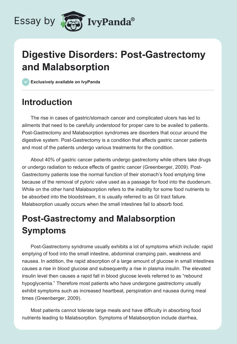 Digestive Disorders: Post-Gastrectomy and Malabsorption. Page 1