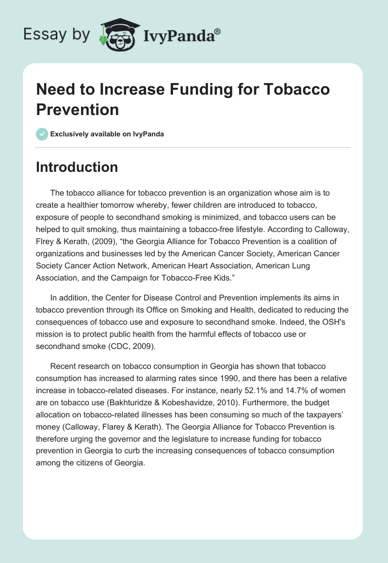 Need to Increase Funding for Tobacco Prevention. Page 1
