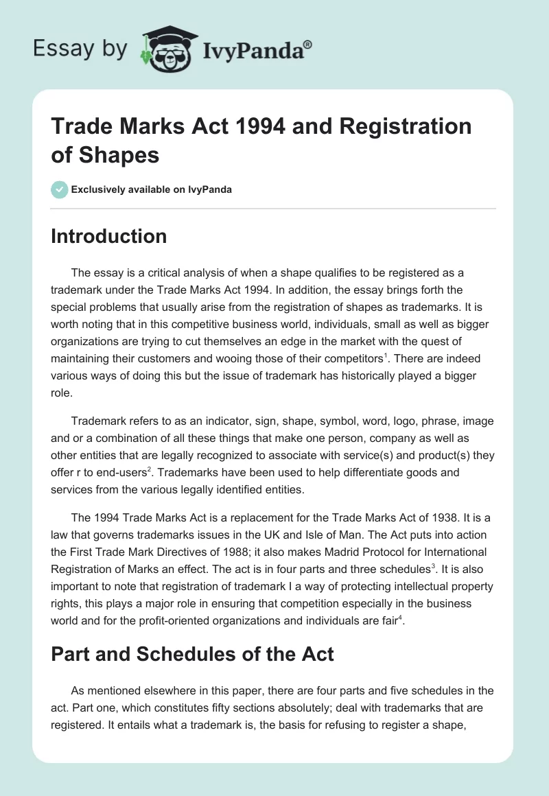 Trade Marks Act 1994 and Registration of Shapes. Page 1