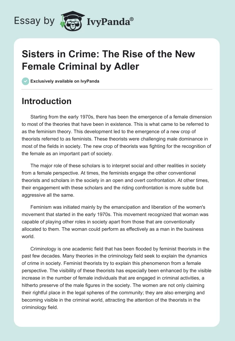 "Sisters in Crime: The Rise of the New Female Criminal" by Adler. Page 1