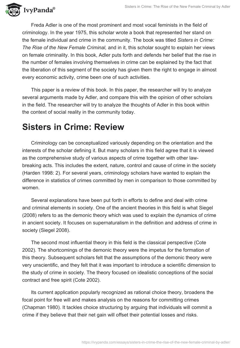 "Sisters in Crime: The Rise of the New Female Criminal" by Adler. Page 2