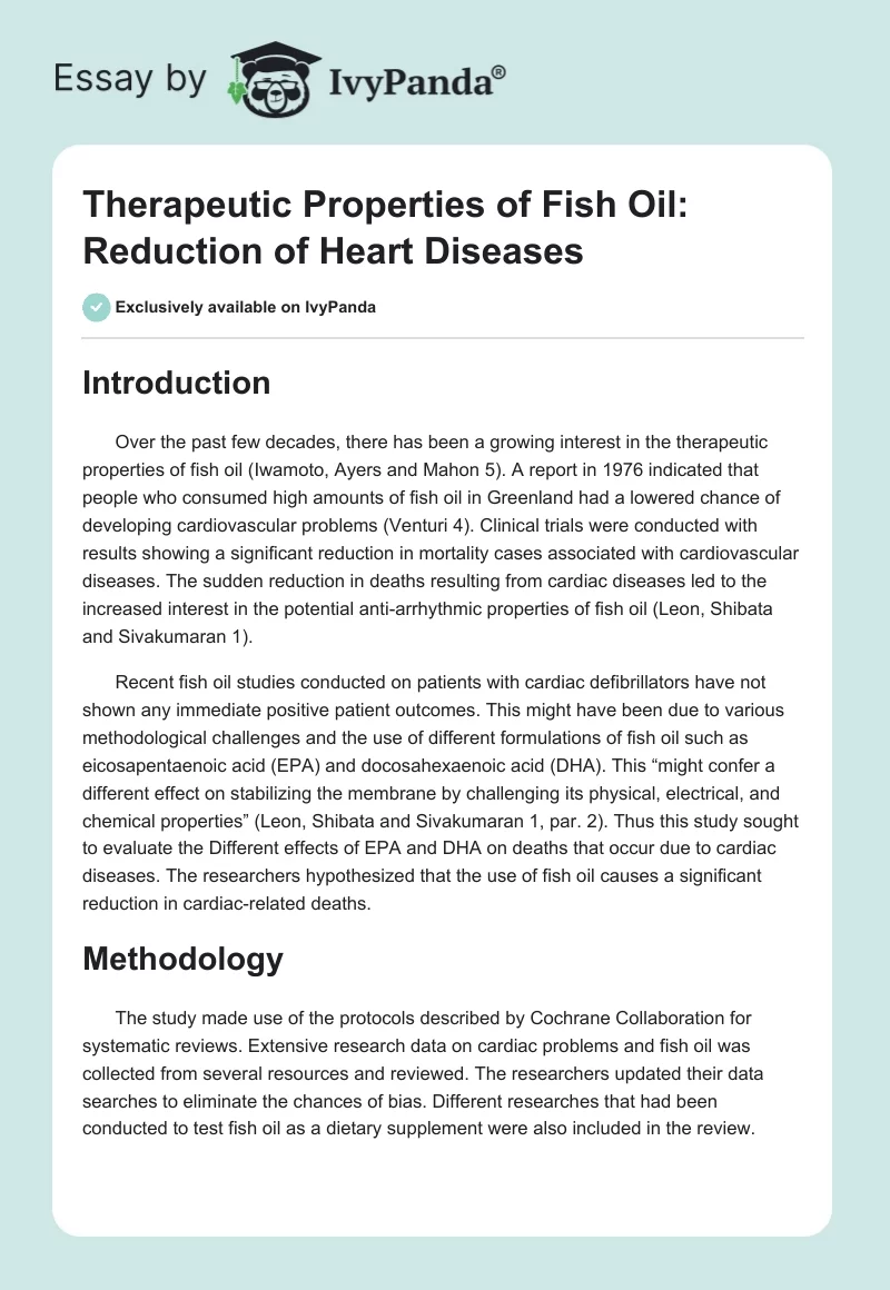 Therapeutic Properties of Fish Oil: Reduction of Heart Diseases. Page 1