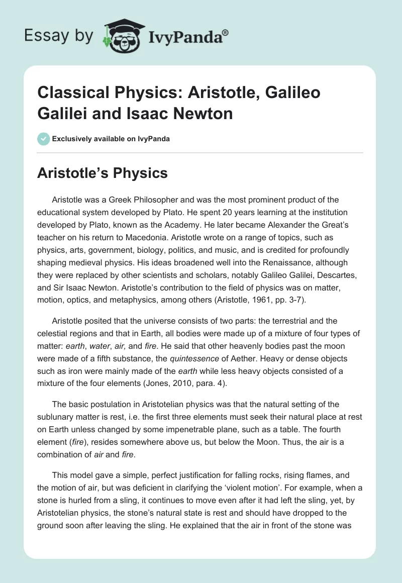 Classical Physics: Aristotle, Galileo Galilei and Isaac Newton. Page 1