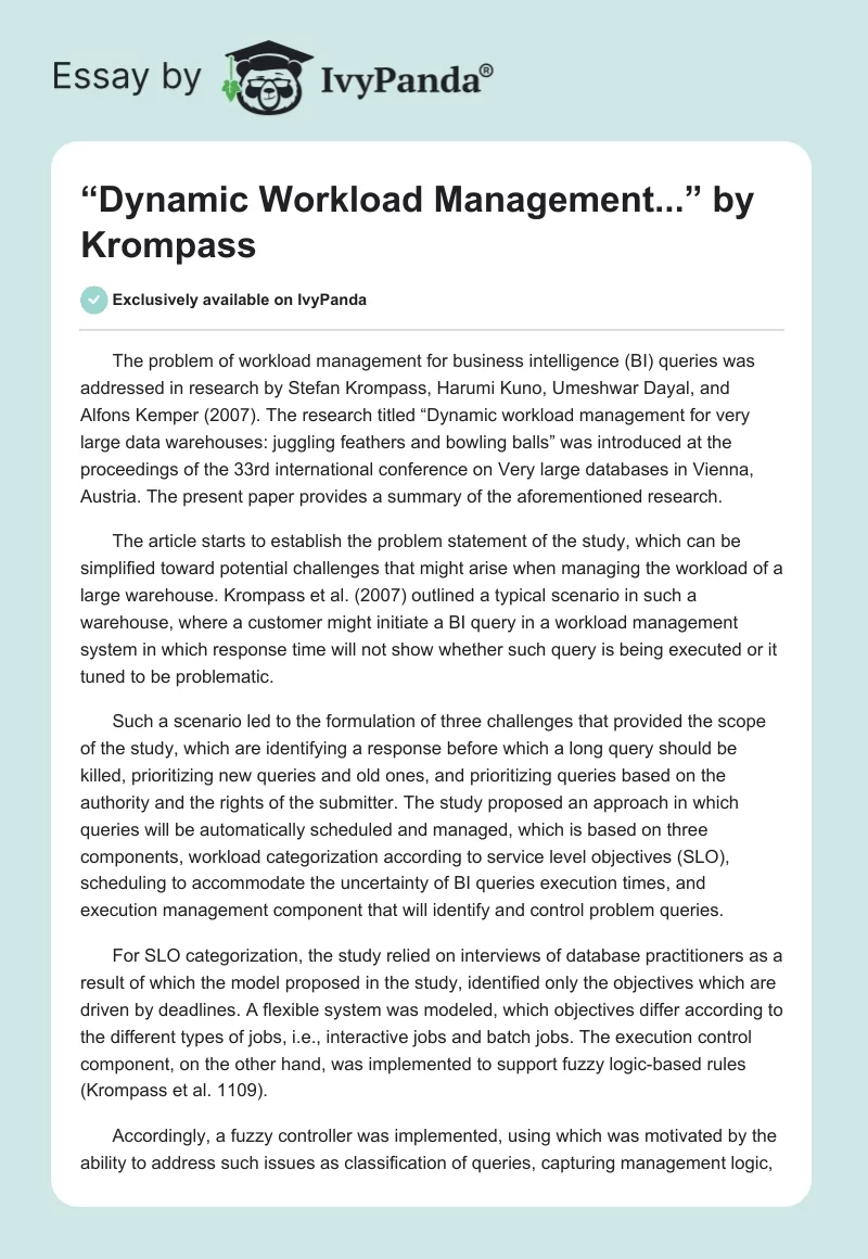 “Dynamic Workload Management...” by Krompass. Page 1