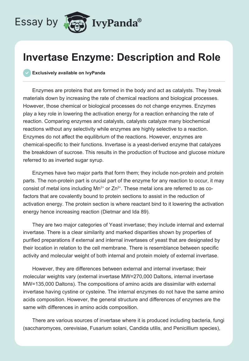Invertase Enzyme: Description and Role. Page 1