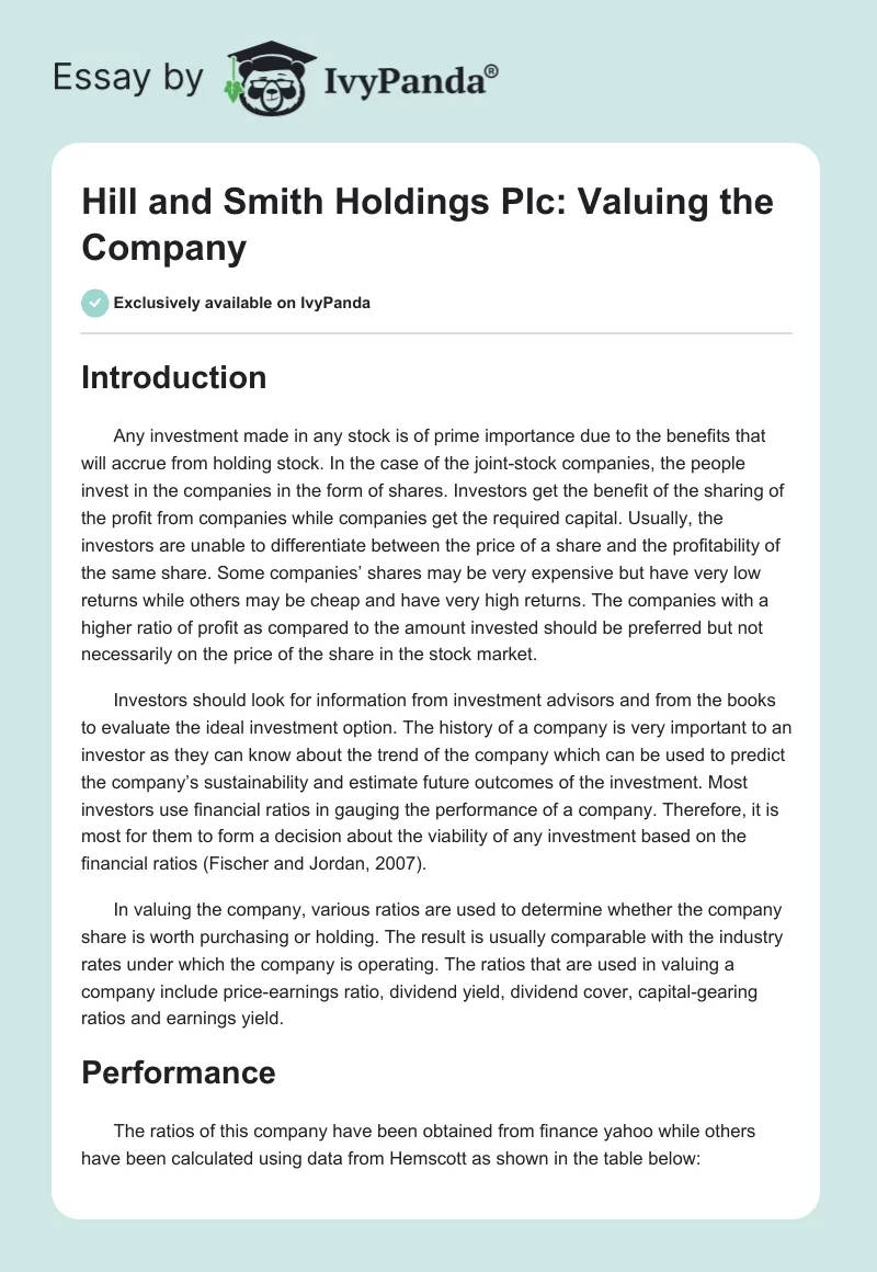 Hill and Smith Holdings Plc: Valuing the Company. Page 1