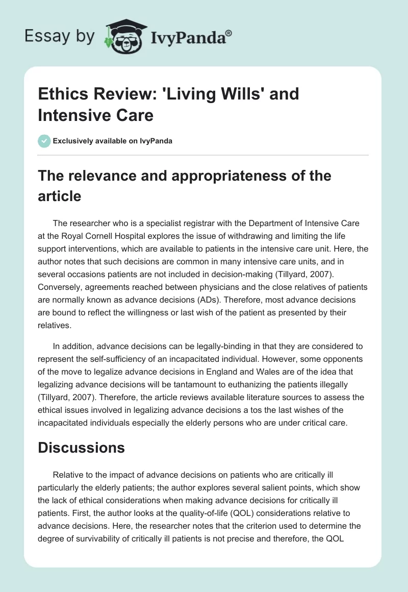 Ethics Review: 'Living Wills' and Intensive Care. Page 1