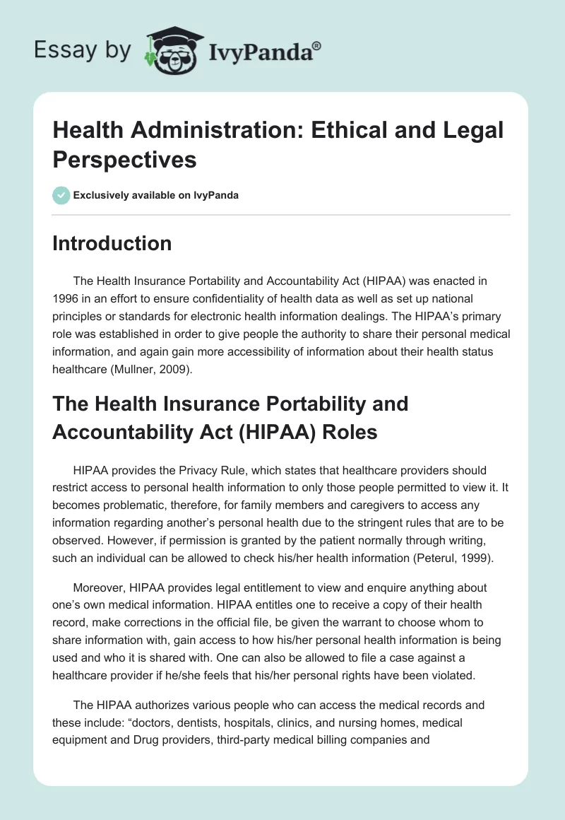 Health Administration: Ethical and Legal Perspectives. Page 1