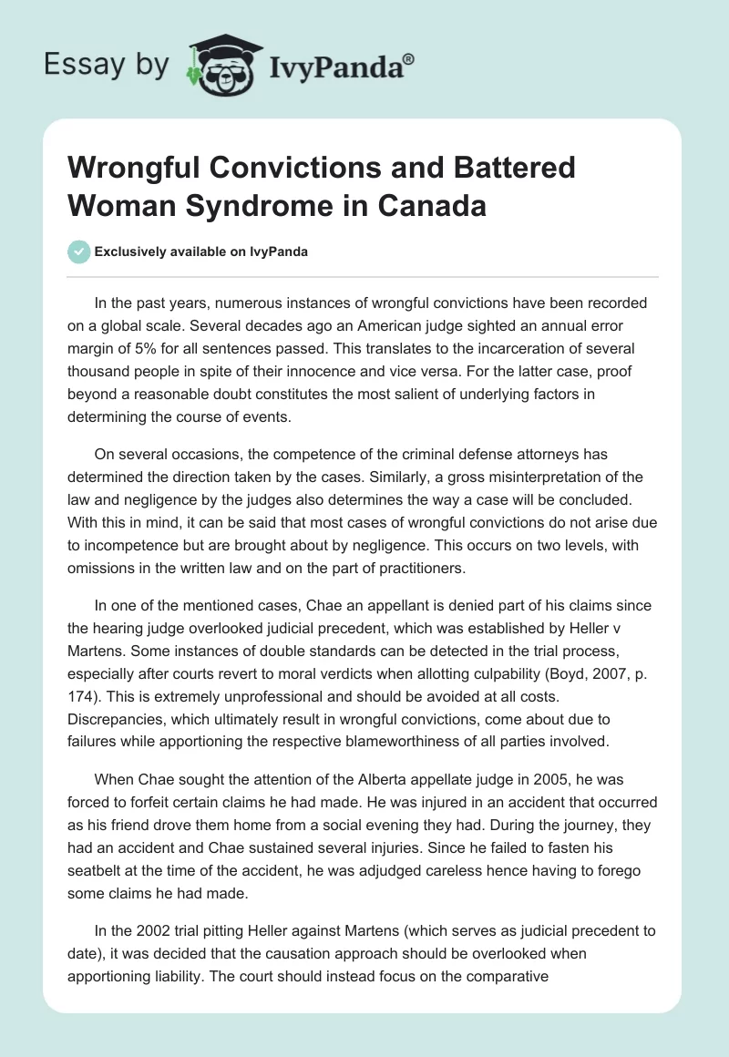 Wrongful Convictions and Battered Woman Syndrome in Canada. Page 1