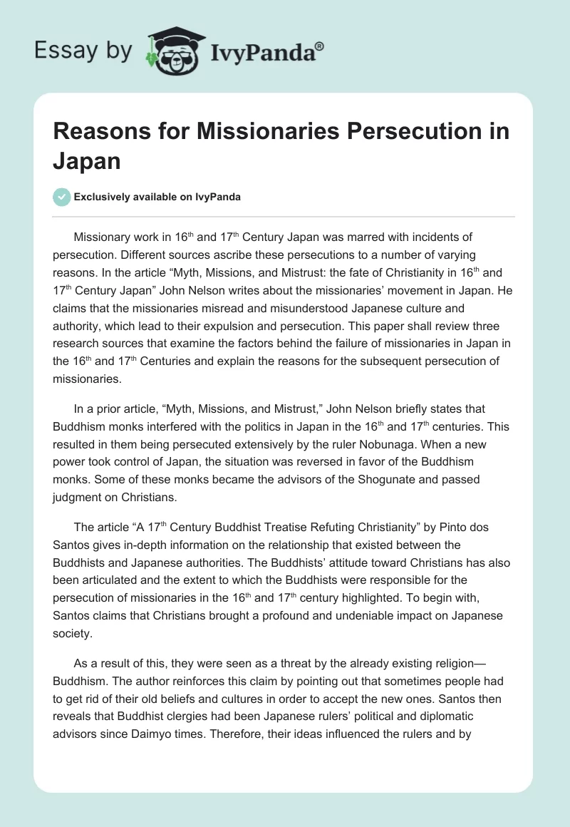 Reasons for Missionaries Persecution in Japan. Page 1