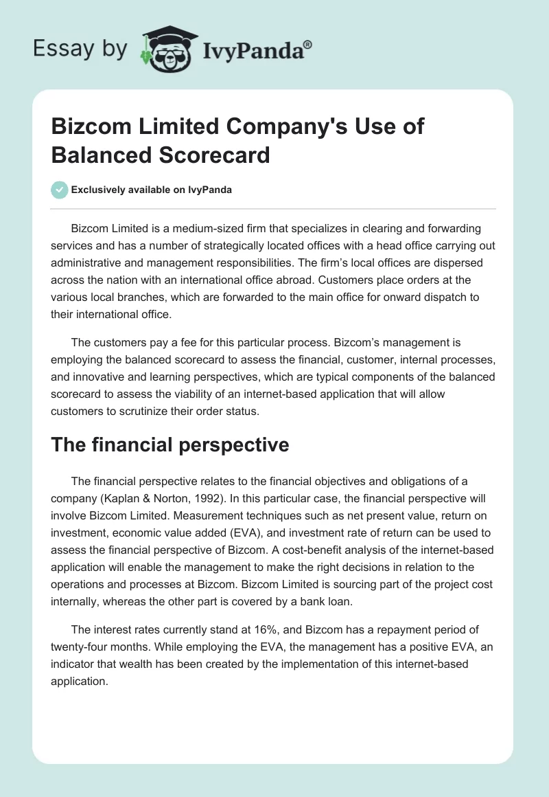 Bizcom Limited Company's Use of Balanced Scorecard. Page 1