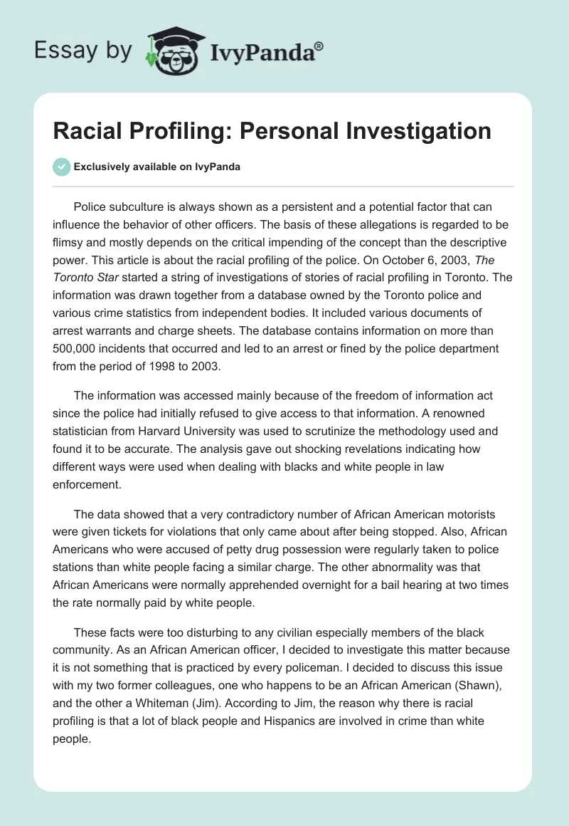 Racial Profiling: Personal Investigation. Page 1